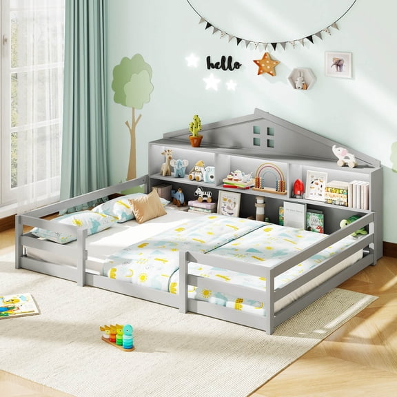 Costway Full Size Montessori Floor Bed with LED Lights Safety Guardrails Compartments Shelf Gray