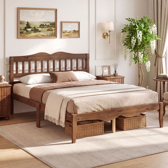 Costway Full Size Platform Bed with Headboard, Solid Wood Frame, Sturdy Wood Slat Support Walnut