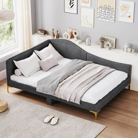 Costway Full Size Upholstered Daybed Rivet-Tufted Platform Bed with Metal Legs Wood Slats