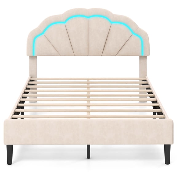Costway Full Size Upholstered LED Bed Frame Soft Velvet Platform Bed with Flower Headboard