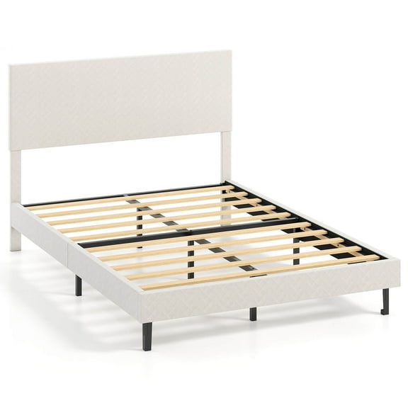 Costway Full Size Velvet Bed Frame with Height Adjustable Chevron Headboard,Noise Free Beige