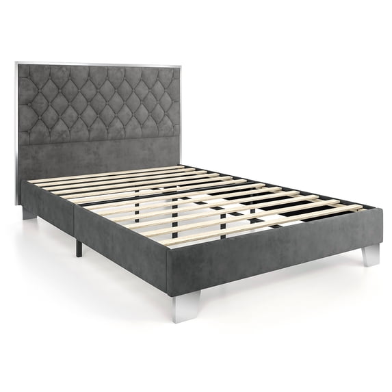 Costway Full Gray Upholstered Bed Frame with Button Tufted Velvet Headboard, 77in x 56.5in x 45.5in