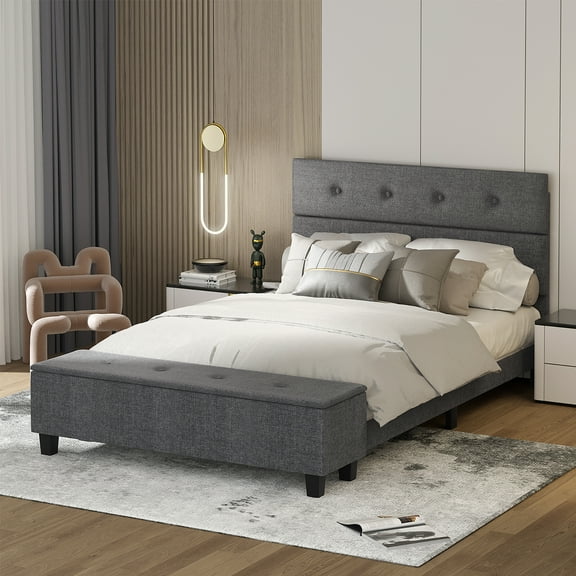 Costway Full Upholstered Bed Frame with Ottoman Storage Linen Button Tufted Headboard Grey