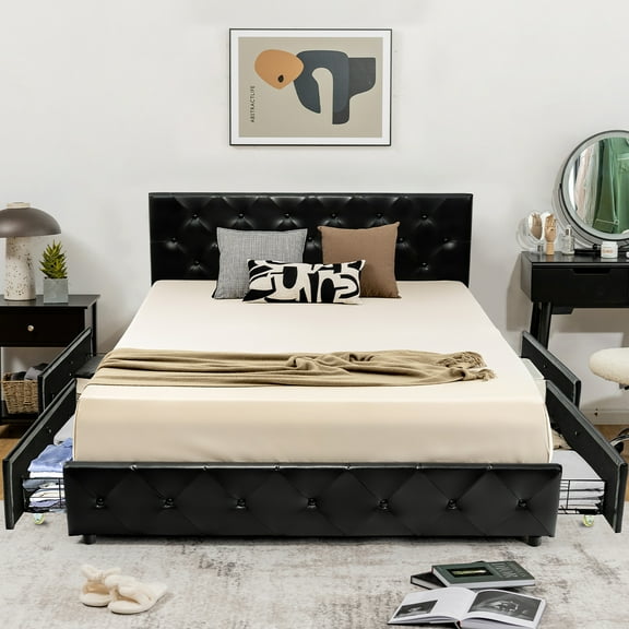 Costway Full Upholstered Platform Bed w/ 4 Drawers PU Leather Button Tufted Headboard