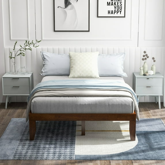 Costway Full Wooden Platform Bed 14'' Slats Support Mattress Foundation Brown Cherry