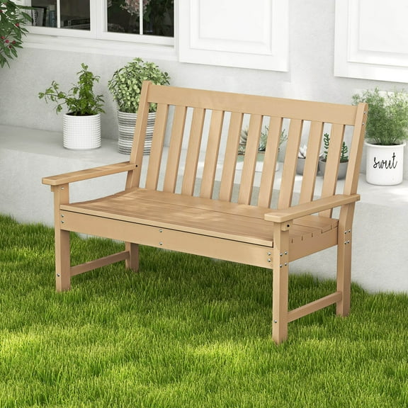 Costway Garden Bench All-Weather HDPE 2-Person Outdoor Bench for Front Porch Backyard Natural