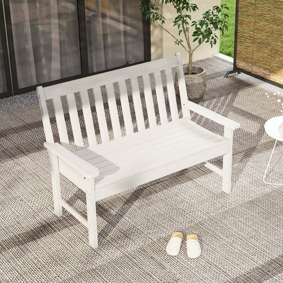 Costway Garden Bench All-Weather HDPE 2-Person Outdoor Bench for Front Porch Backyard White