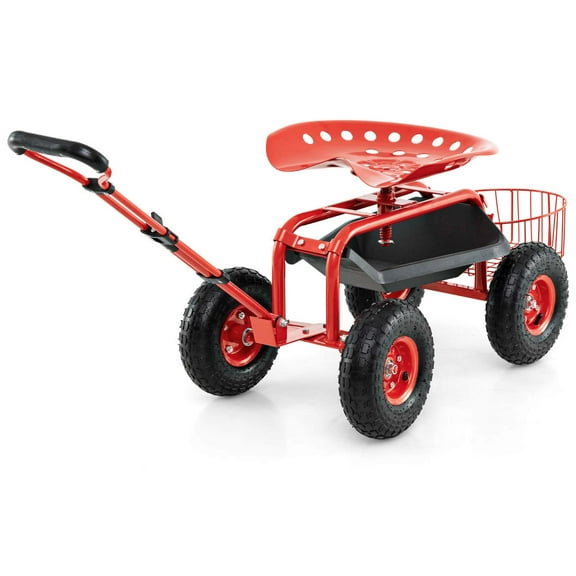 Costway Garden Cart Patio Wagon Roll Work Seat with Tray Basket Extendable Handle Red