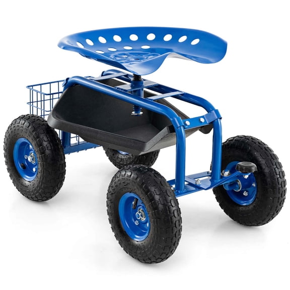 Costway Garden Cart Patio Wagon Rolling Work Seat with Tool Tray Basket Planting Blue