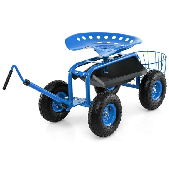 Costway Garden Cart Rolling Work Seat Wagon Scooter for Planting with Extendable Handle Blue