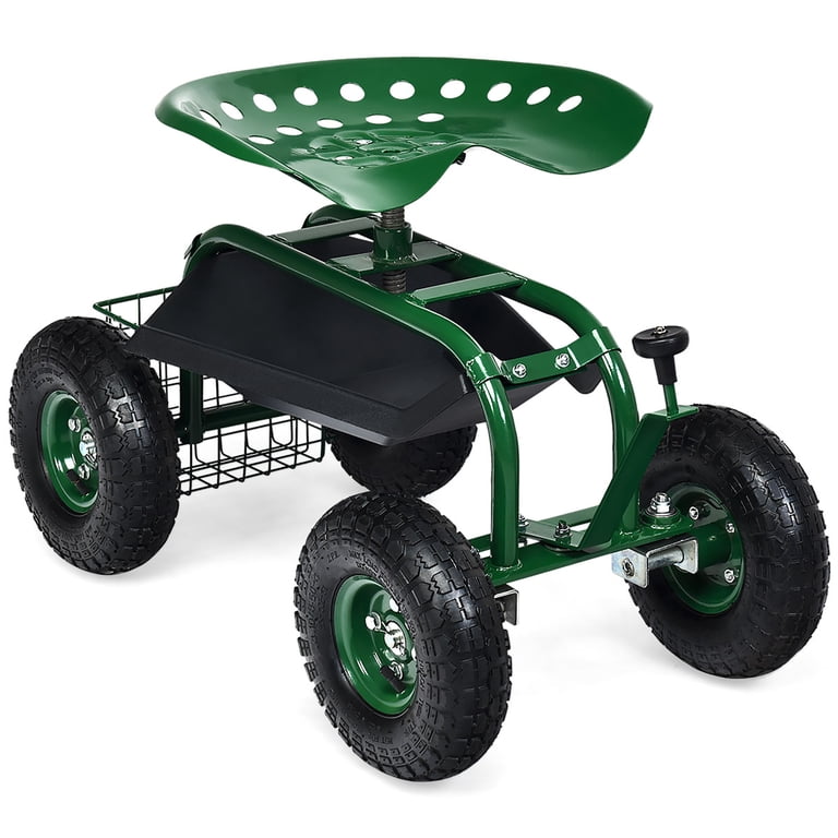 Costway Garden Cart Rolling Work Seat with Tool Tray Basket Green