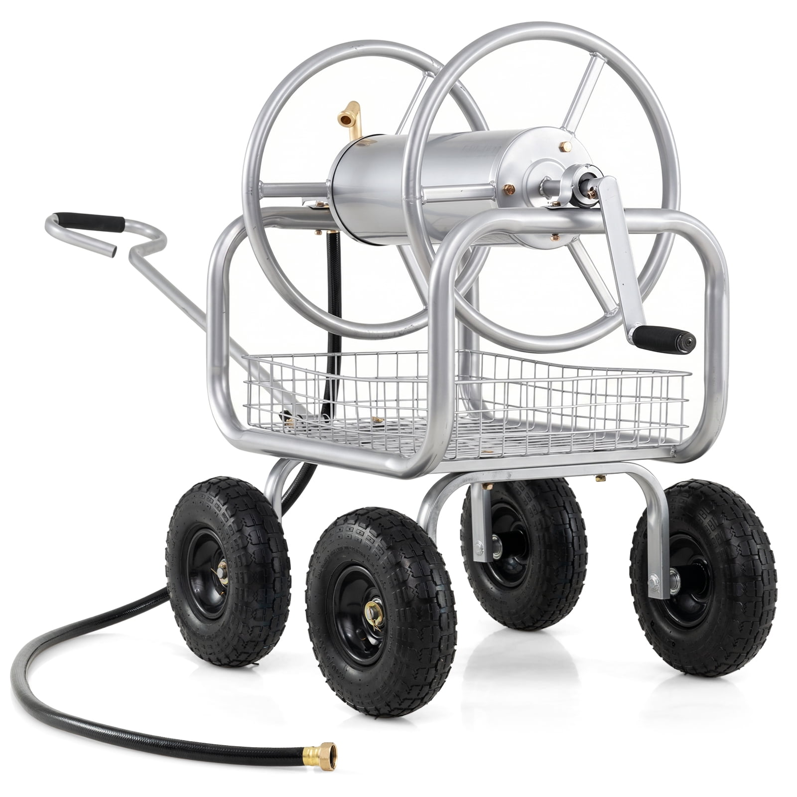 Costway Garden Hose Reel Cart with 4 Wheels, Storage Basket, 300 FT of 5/8” Large Capacity Silver