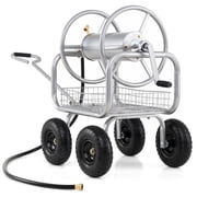 Costway Garden Hose Reel Cart with 4 Wheels, Storage Basket, 300 FT of 5/8” Large Capacity Silver