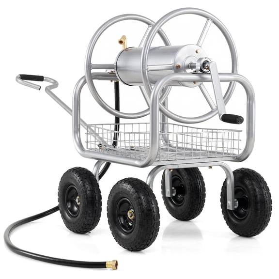 Costway Garden Hose Reel Cart with 4 Wheels, Storage Basket, 300 FT of 5/8” Large Capacity Silver