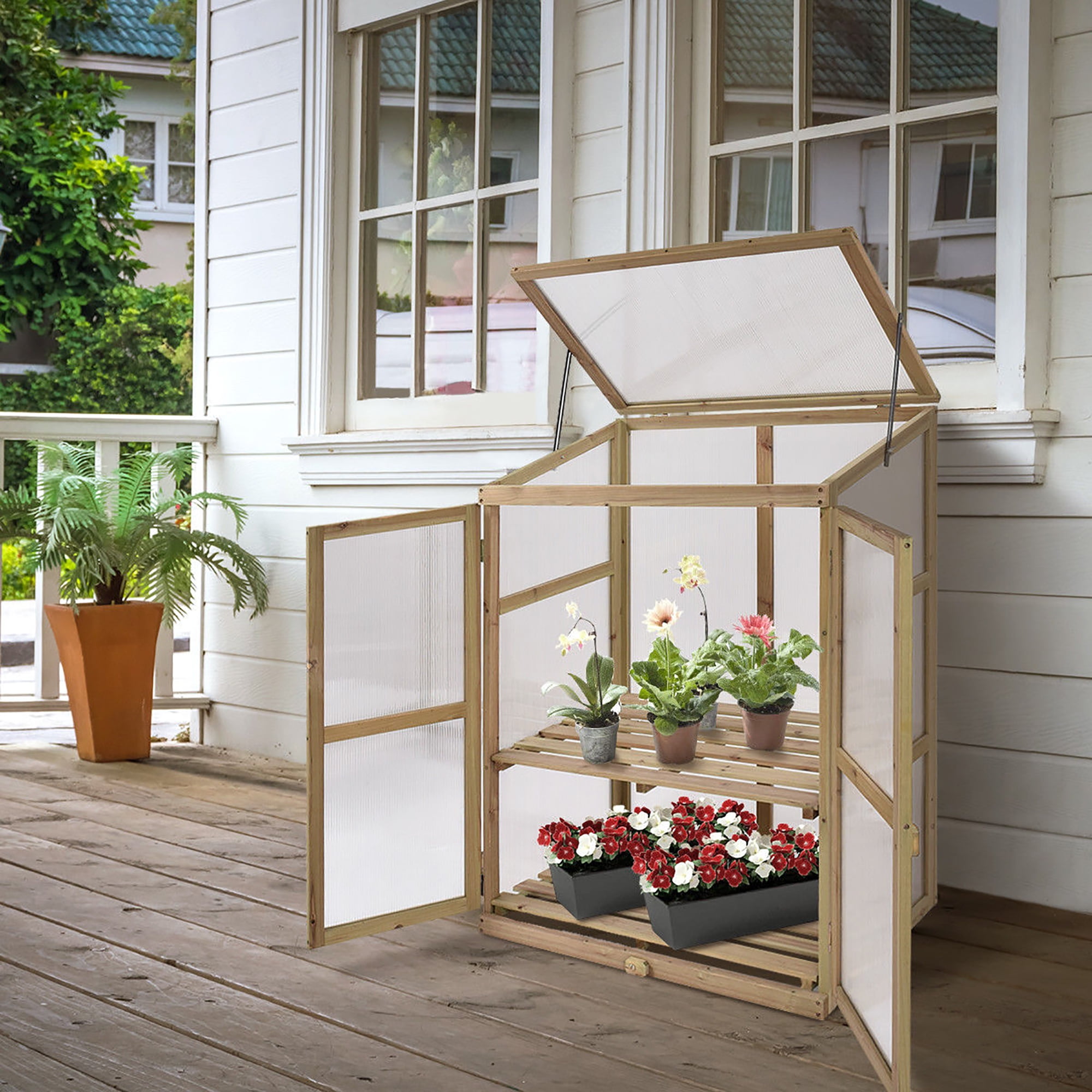 Compact Brown Fir Wood Greenhouse with Shelves