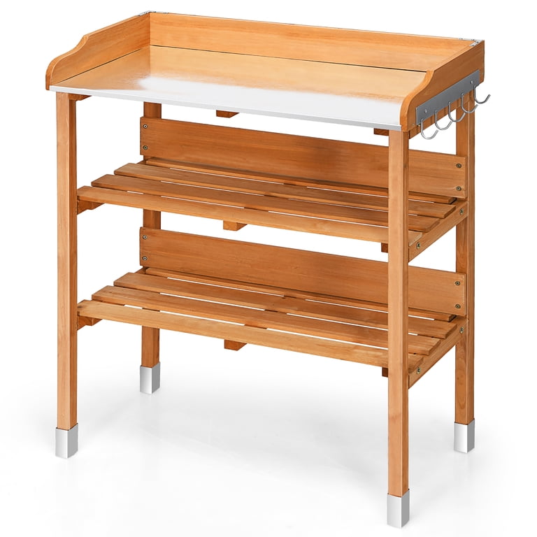 Costway Outdoor Wooden Garden Potting Bench with Metal Hooks, Work