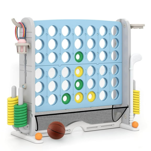Costway Giant 4-in-a-Row Game Set with Ring-toss, Basketball Hoop, Golf Club & Cup Holders Light Blue + Gray