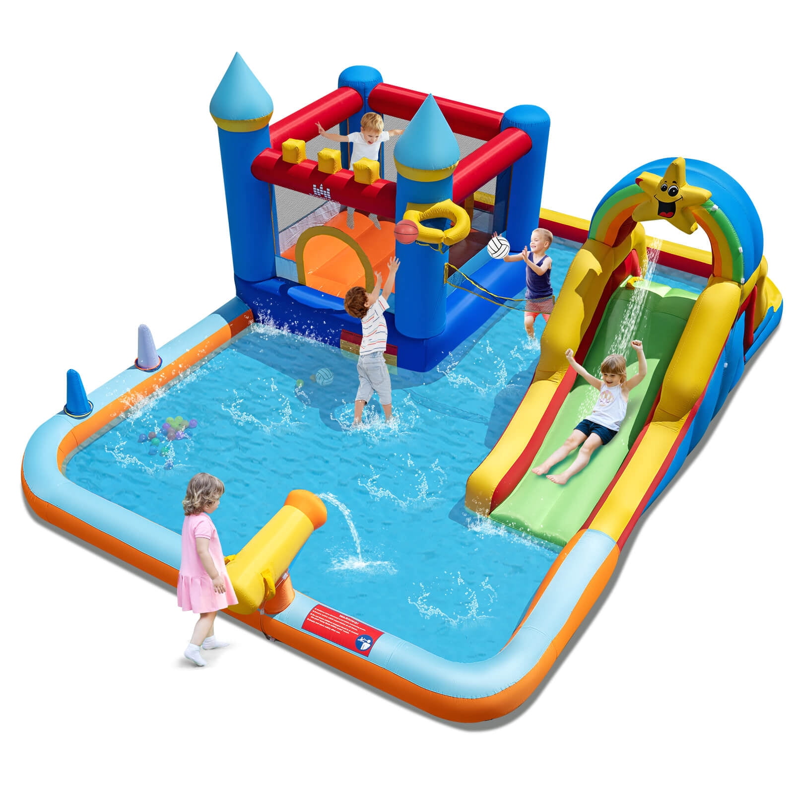 Costway Giant Water Slide Bounce House with Climbing Wall, Splash Pool & Basketball Hoop