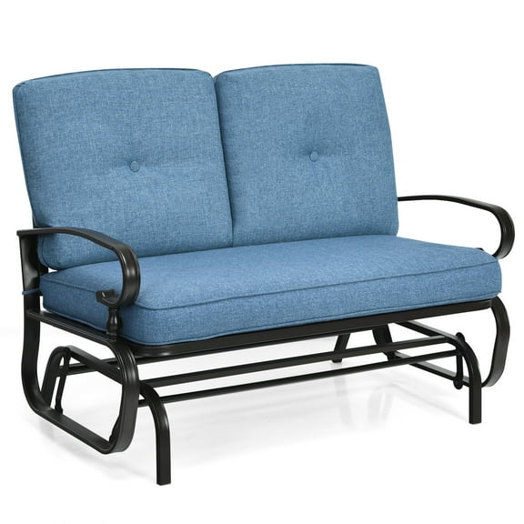 Costway Glider Outdoor Patio Rocking Bench Loveseat Cushioned Seat Steel Frame Blue