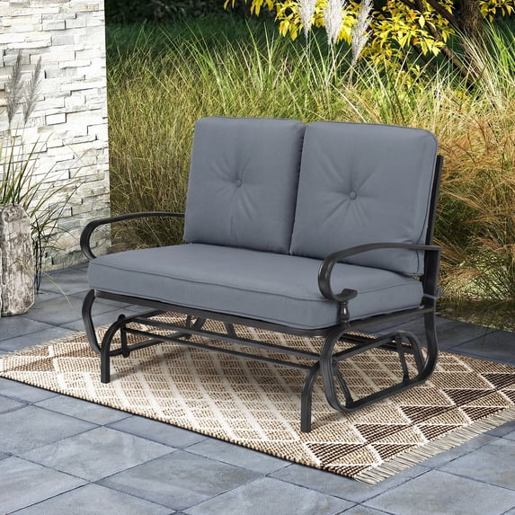 Costway Glider Outdoor Patio Rocking Bench Loveseat Cushioned Seat Steel Frame Grey