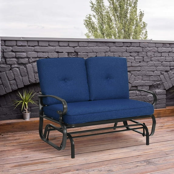 Costway Glider Outdoor Patio Rocking Bench Loveseat Cushioned Seat Steel Frame Navy