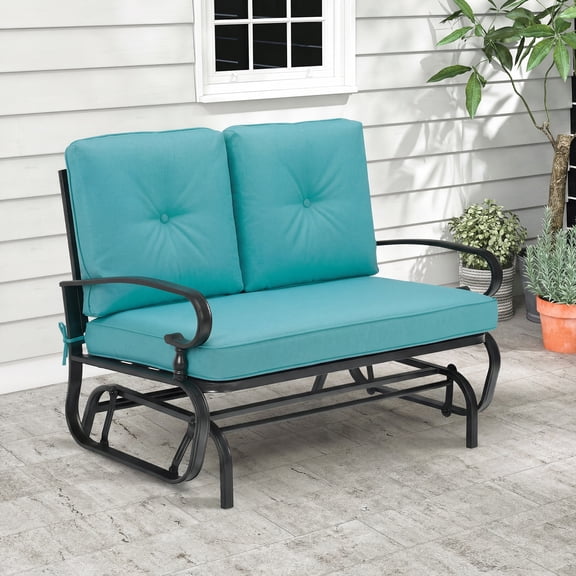 Costway Glider Outdoor Patio Rocking Bench Loveseat Cushioned Seat Steel Frame Turquoise Turquoise