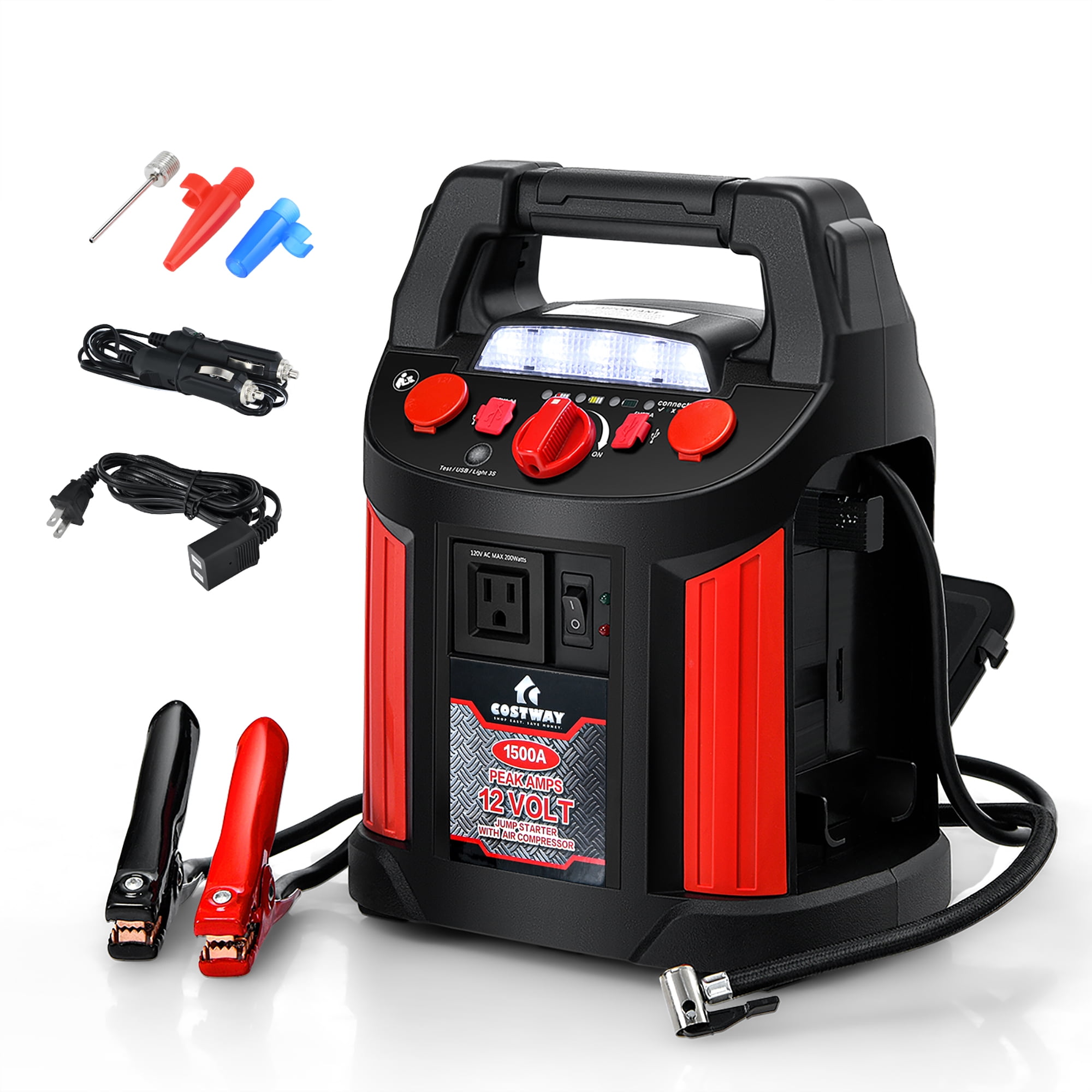 Red and Black 12V Jump Starter Air Compressor Power Bank with LED Light