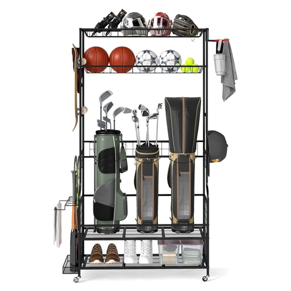 Costway Golf Bags Storage Garage Organizer,Mobile Sports Equipment Organizer with Wheels