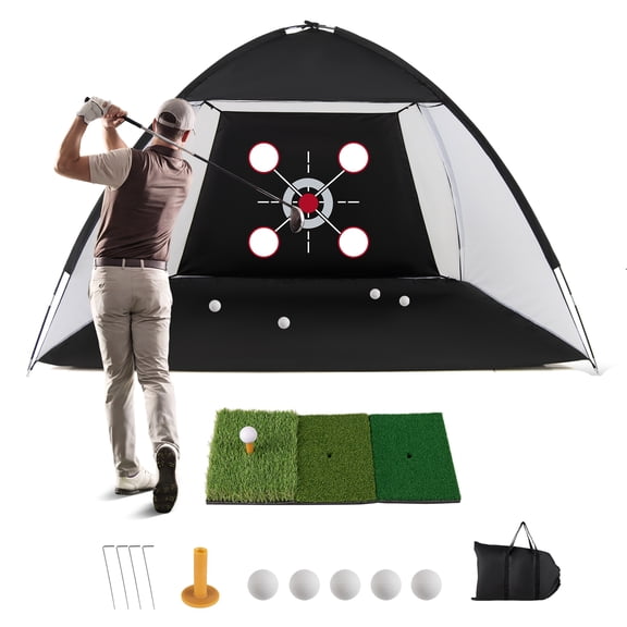 Costway Golf Net with Foldable Tri-Turf Mat, Multiple Target for Training, Indoor & Outdoor