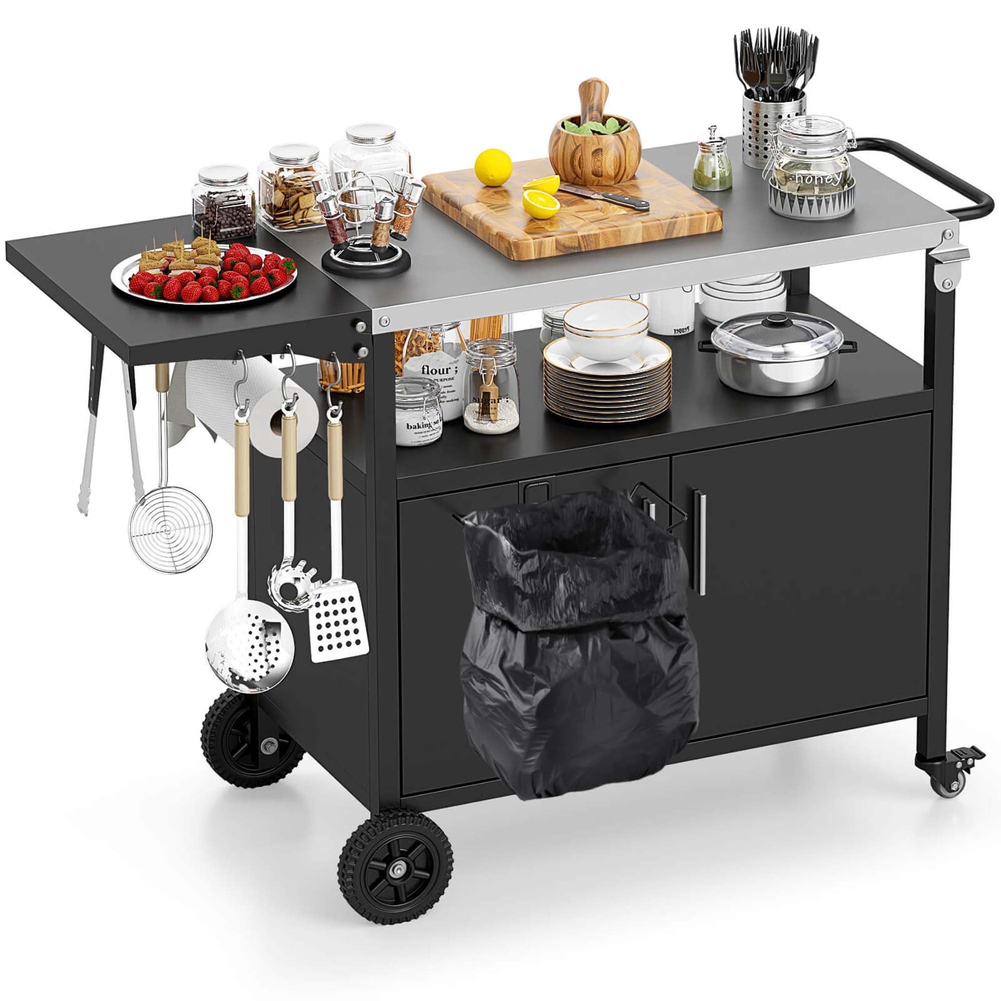 Black and Silver Outdoor Grill Cart with Folding Stainless Steel Top