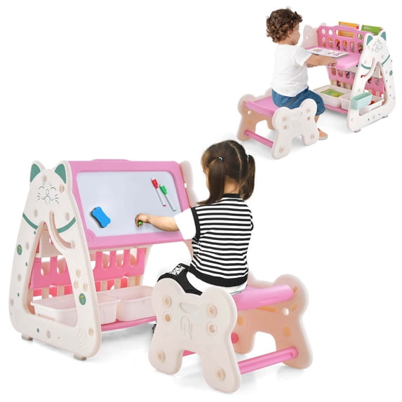 Costway HCST00665 7.5" - 9.5" Adjustable PE Kids Art Easel with Book Rack Pink