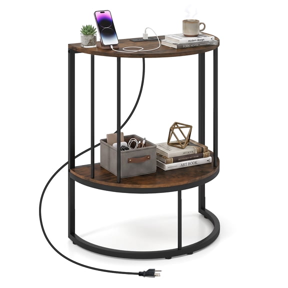 Costway Half Moon Console Table with Power Outlets, 2-Tier Entryway Table with Storage Shelf Rustic Brown & Black
