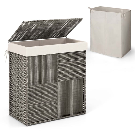 Costway Hand-woven Rattan Laundry Hamper with Lid Removable Liner Bag 29-Gallon 2-Section