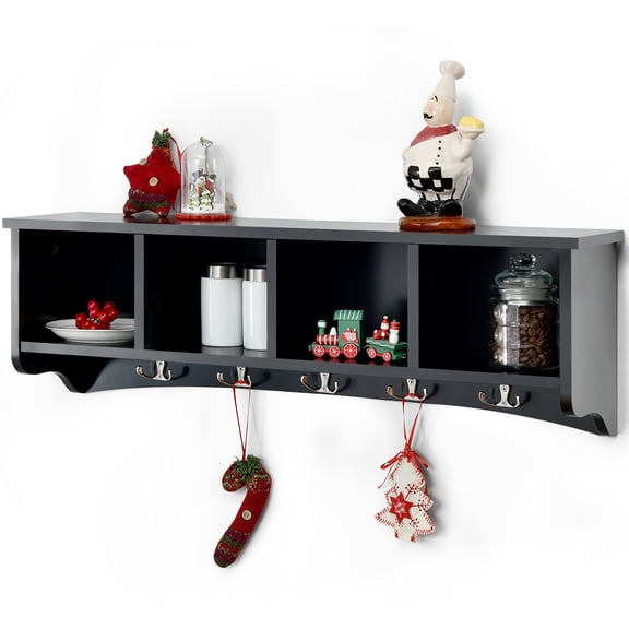 Costway Hanging Entryway Shelf Coat Hook Rack Wall Mounted Storage Cabinets W/5 Dual Hooks Black