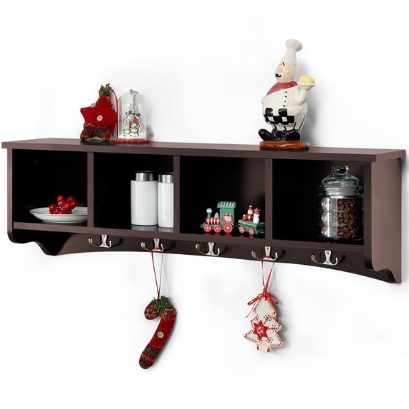 Costway Hanging Entryway Shelf Coat Rack Wall Mounted Storage Cabinets W/5 Dual Hooks Brown