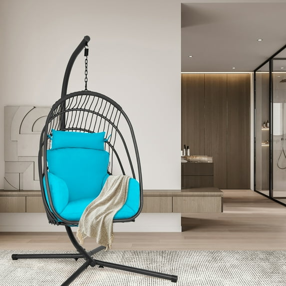Costway Hanging Folding Egg Chair with Stand Soft Cushion Pillow Swing Hammock Turquoise