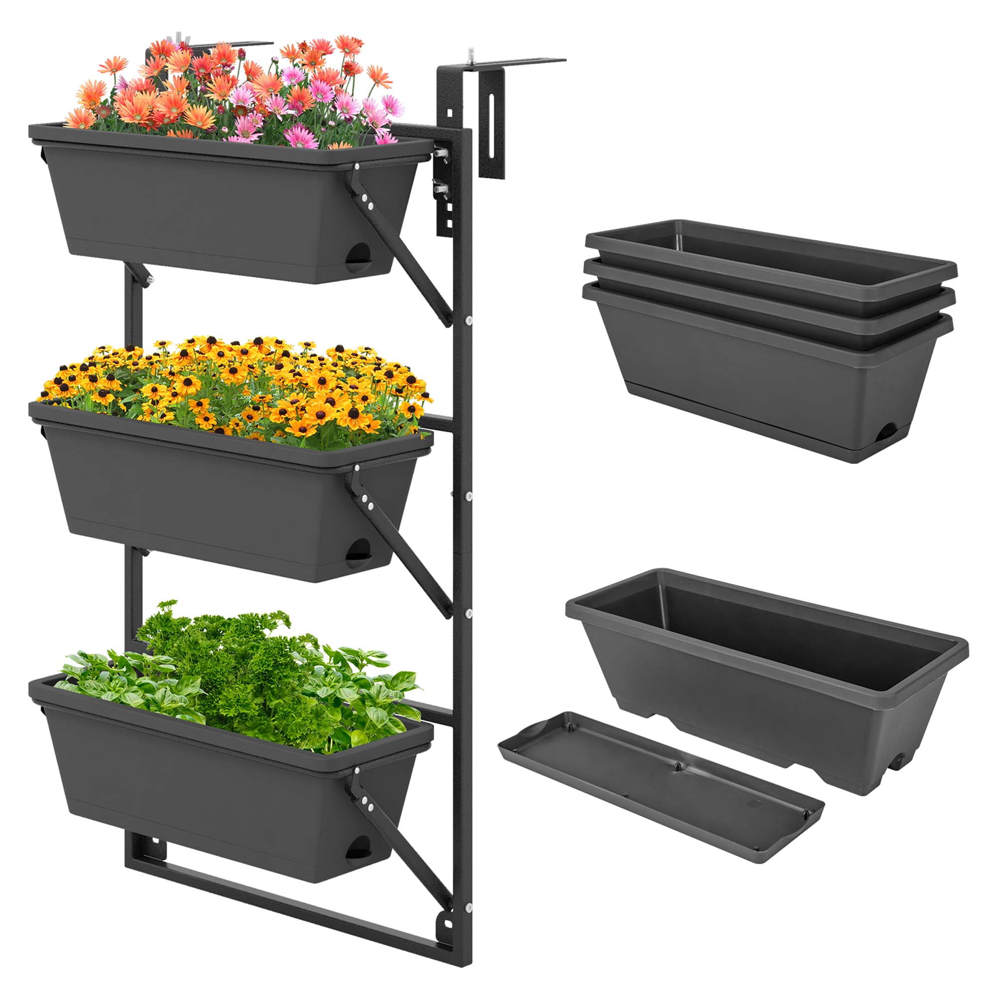 Black Adjustable Wall-Mounted Vertical Planter with Detachable Hooks