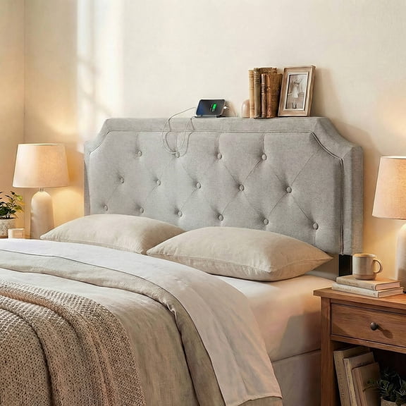 Costway Headboard for Queen & Full Size Bed,Tufted Upholstered Head Board with 2 AC Outlets Gray