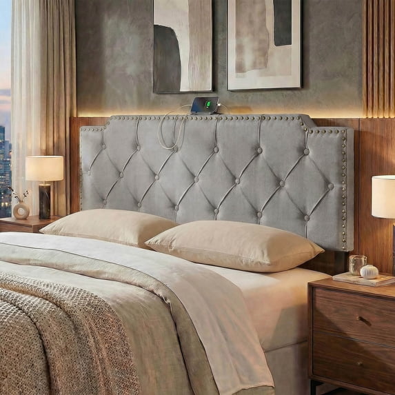 Costway Headboard for Queen and Full Size Bed, Rivet Tufted Upholstered Head Board Gray