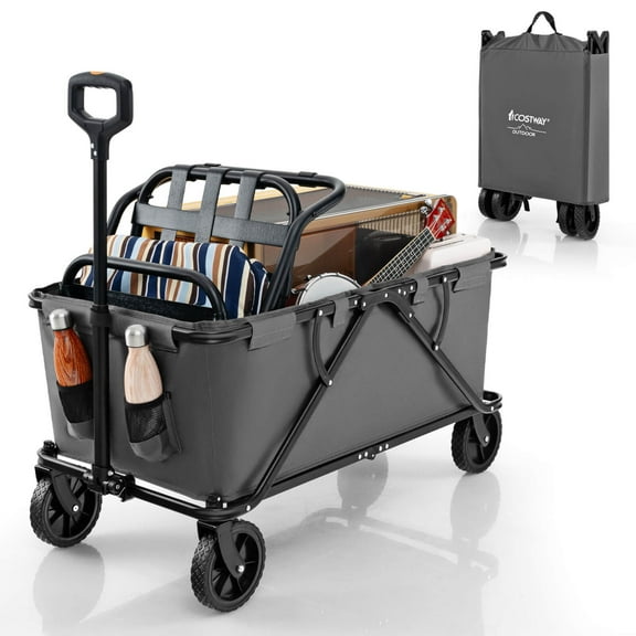 Costway Heavy-Duty Wagon Cart with Adjustable Handlebar Bottle Holders & Storage Pocket Grey