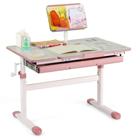 Costway Height-Adjustable Kids Study Desk with Tilt Desktop and Book Stand, Pink