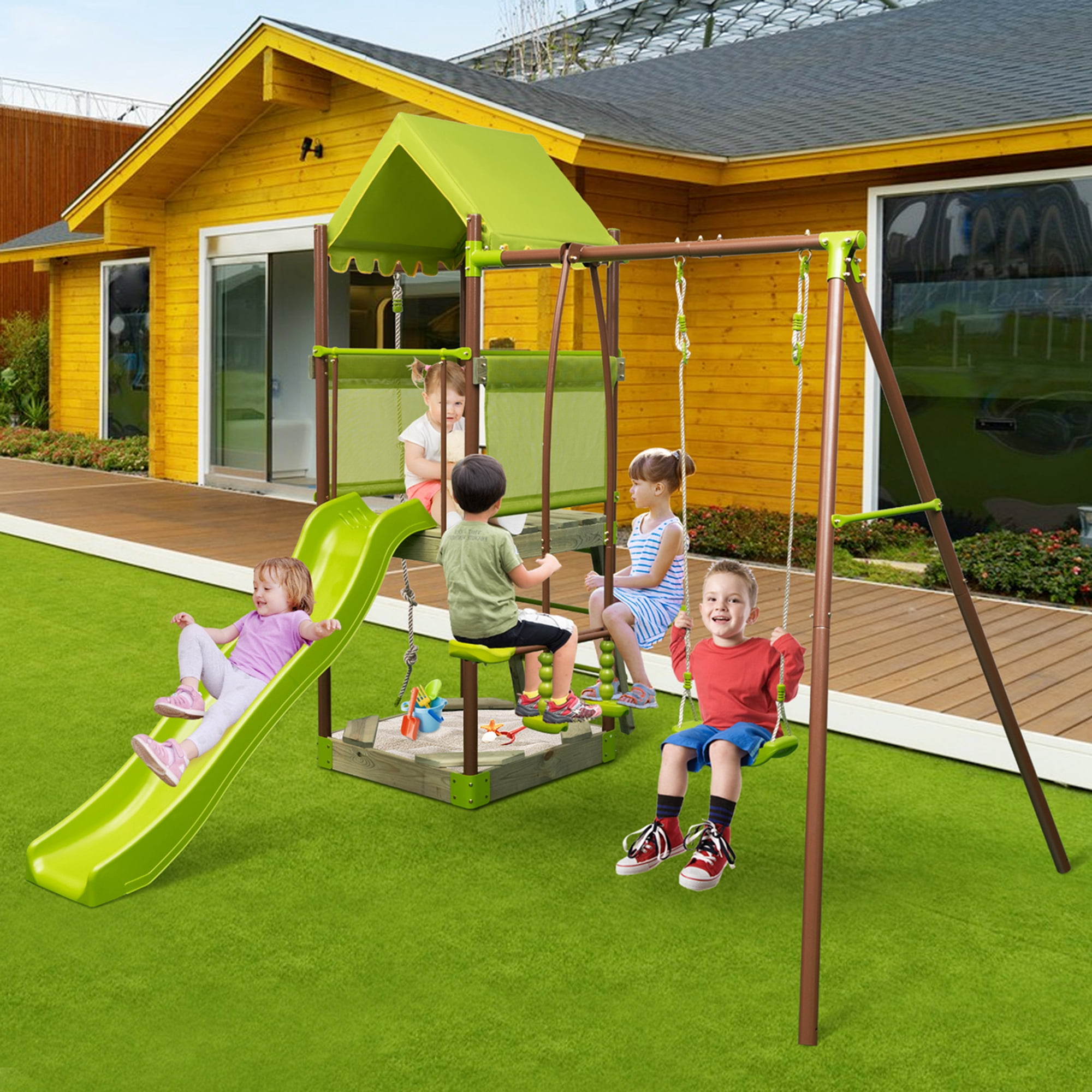Costway Height Adjustable Metal Swing Set, 126 in x 102 in x