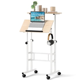 Costway Height Adjustable Mobile Standing Desk with Tiltable Desktop & 2 Hanging Hooks