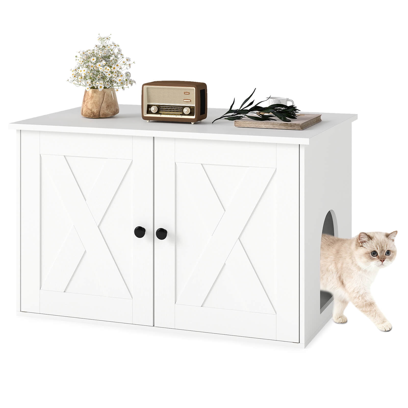 Costway Hidden Cat Litter Box Enclosure Furniture with Divider for Living Room Bedroom White