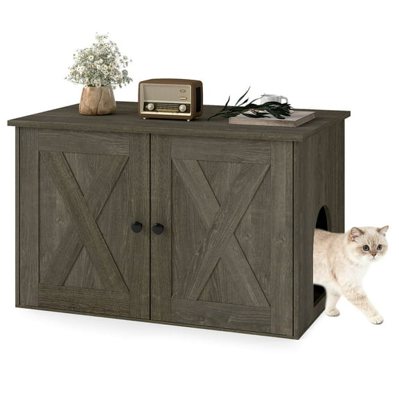 Costway Hidden Cat Litter Box Enclosure Furniture with Divider for Living Room Hallway, Oak