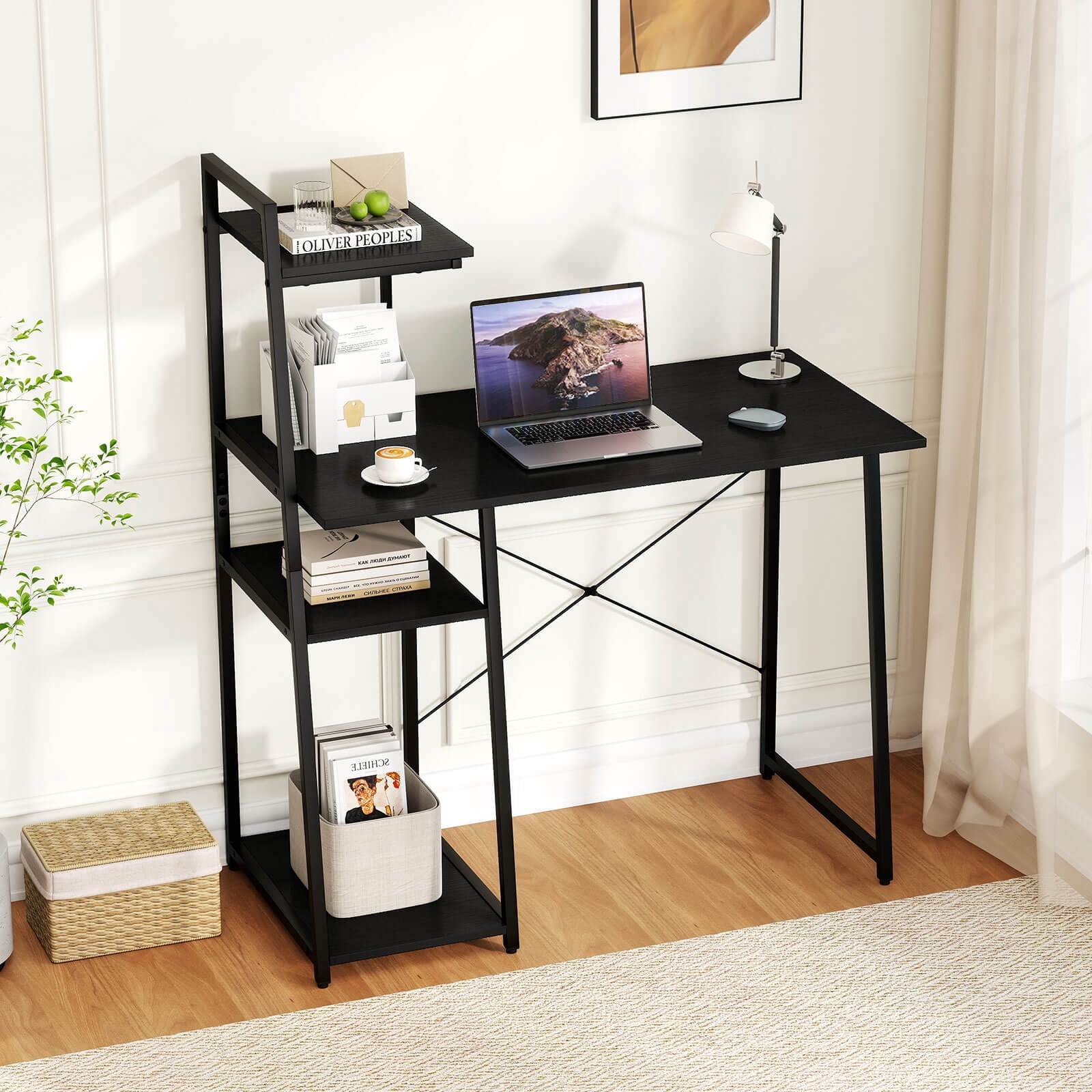 Costway Home Office Desk, PC Laptop Workstation with Bookshelf, Host Stand, Metal Frame Black