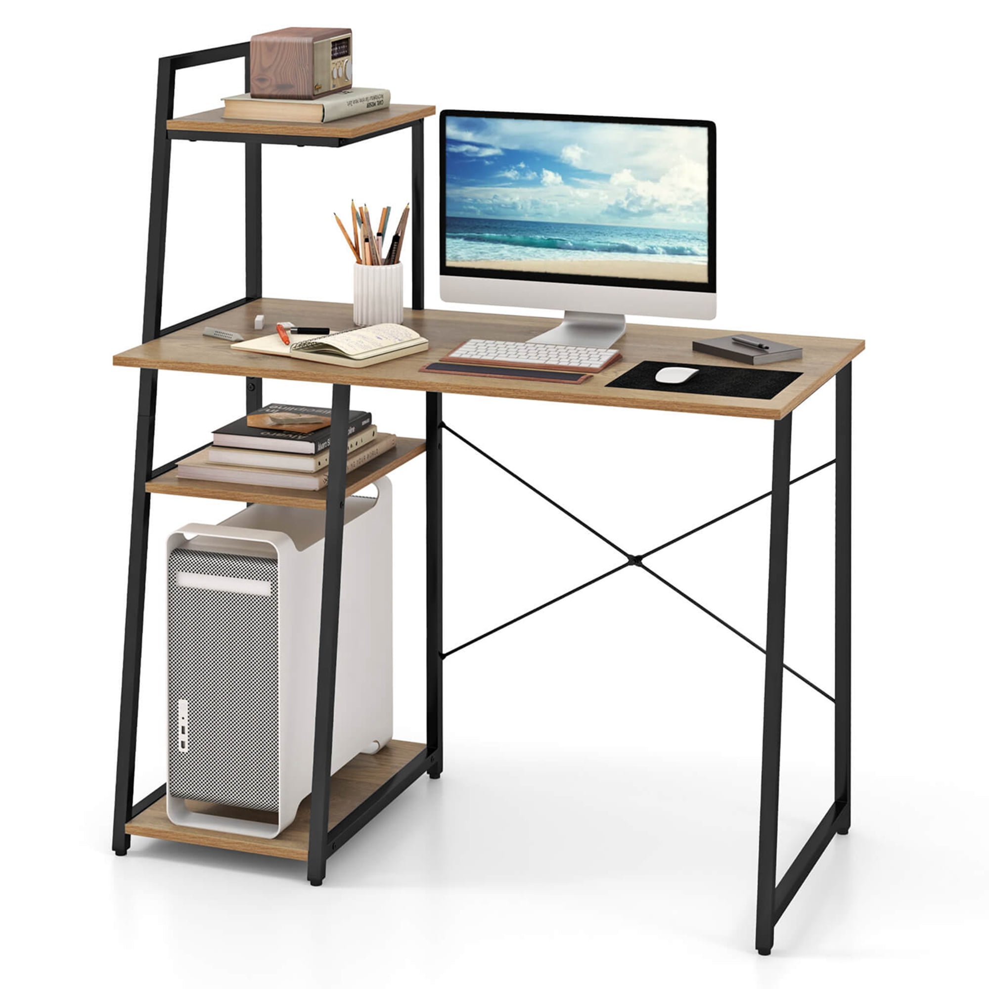 Costway Home Office Desk with Bookshelf Host Stand Metal Frame