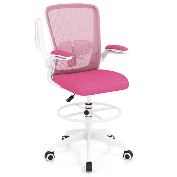 Costway Home Office Drafting Chair with Flip-Up Armrests Adjustable Footrest Ring for Study Pink