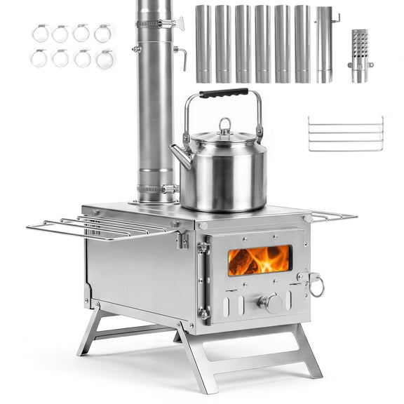 Costway Hot Tent Stove, Portable Wood Burning Stove with 7 Chimney Pipes & Spark Arrestor