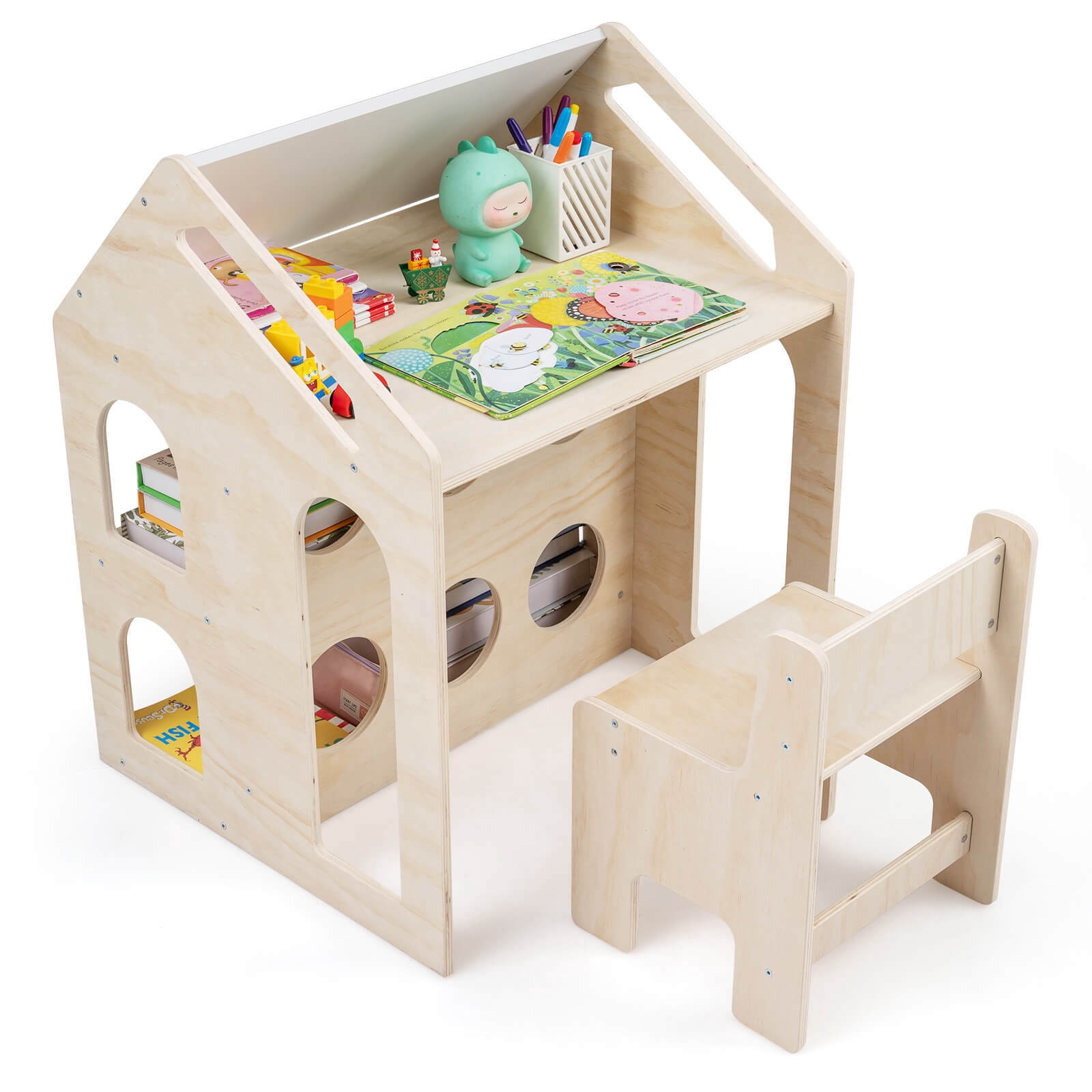 Costway House-shaped Kids Table & Chair Set with Top Chalkboard, 2 Open Storage Shelves Natural + Black